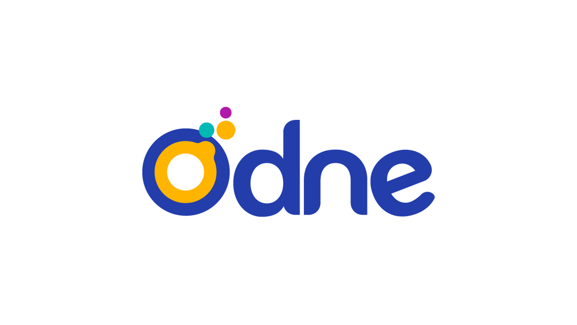 Odne Logo. Blaue, abgerundete Schrift auf weißem Hintergrund. Das O besteht aus einem gelben inneren Ring und einem blauen äußeren Ring