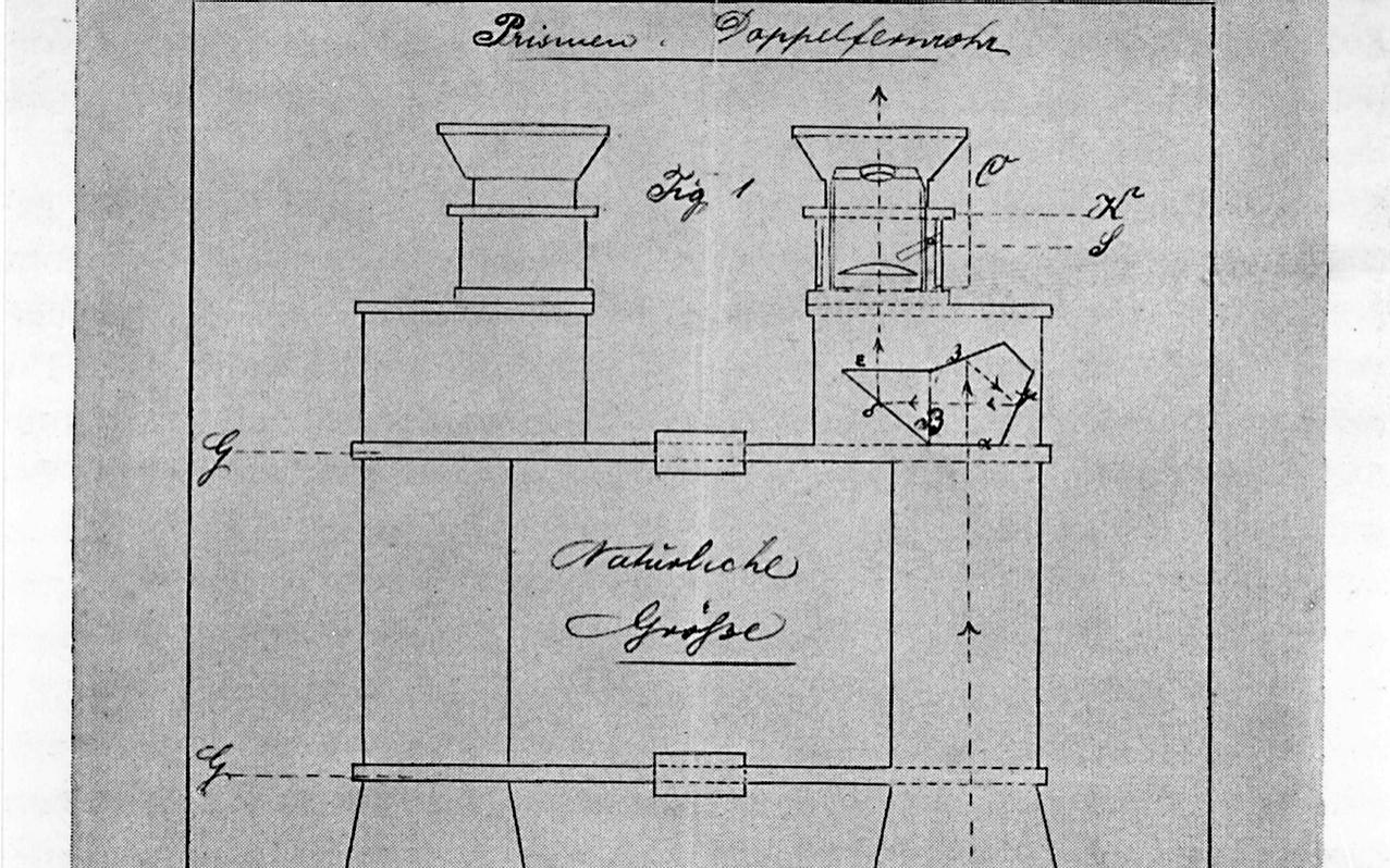 Eigenhändige Konstruktionszeichnung eines Prismenfeldstechers von Moritz Hensoldt