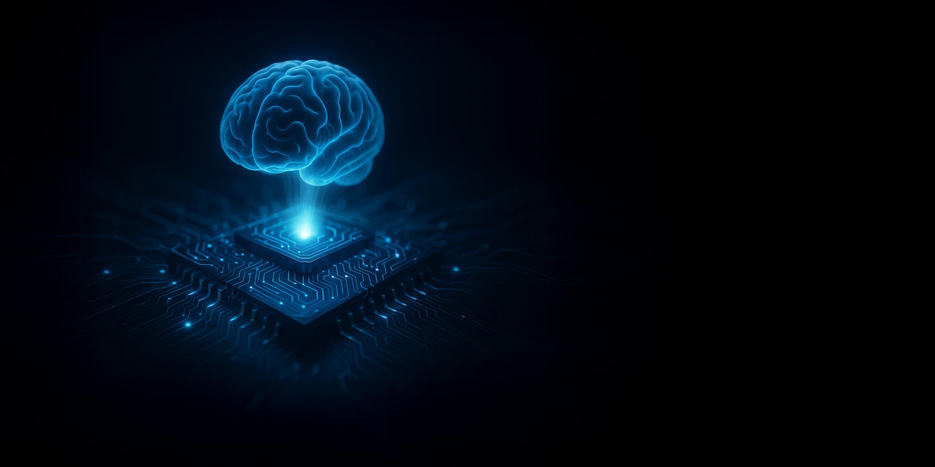 Ein blaues, leuchtendes menschliches Gehirn schwebt über einem Computerchip vor schwarzem Hintergrund.