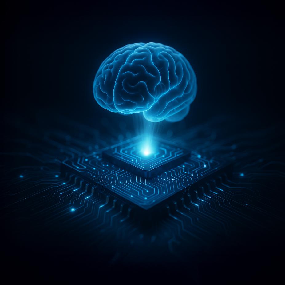 Ein blaues, leuchtendes menschliches Gehirn schwebt über einem Computerchip vor schwarzem Hintergrund.