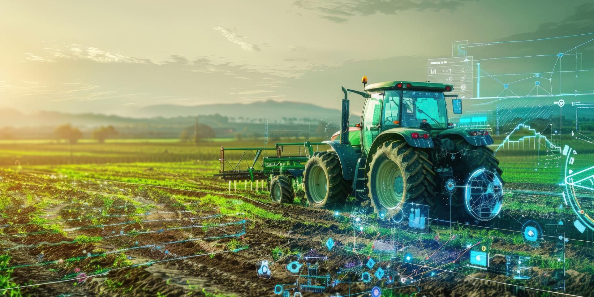 Ein Traktor fährt über ein Feld, dem Sonnenuntergang entgegen.