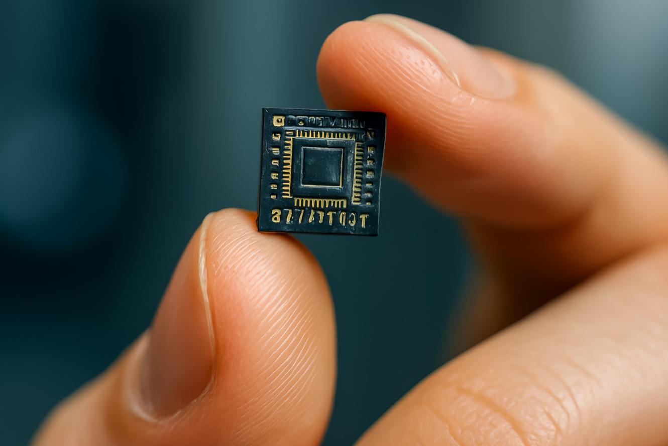 Eine Hand hält einen Mikrochip in die Kamera.