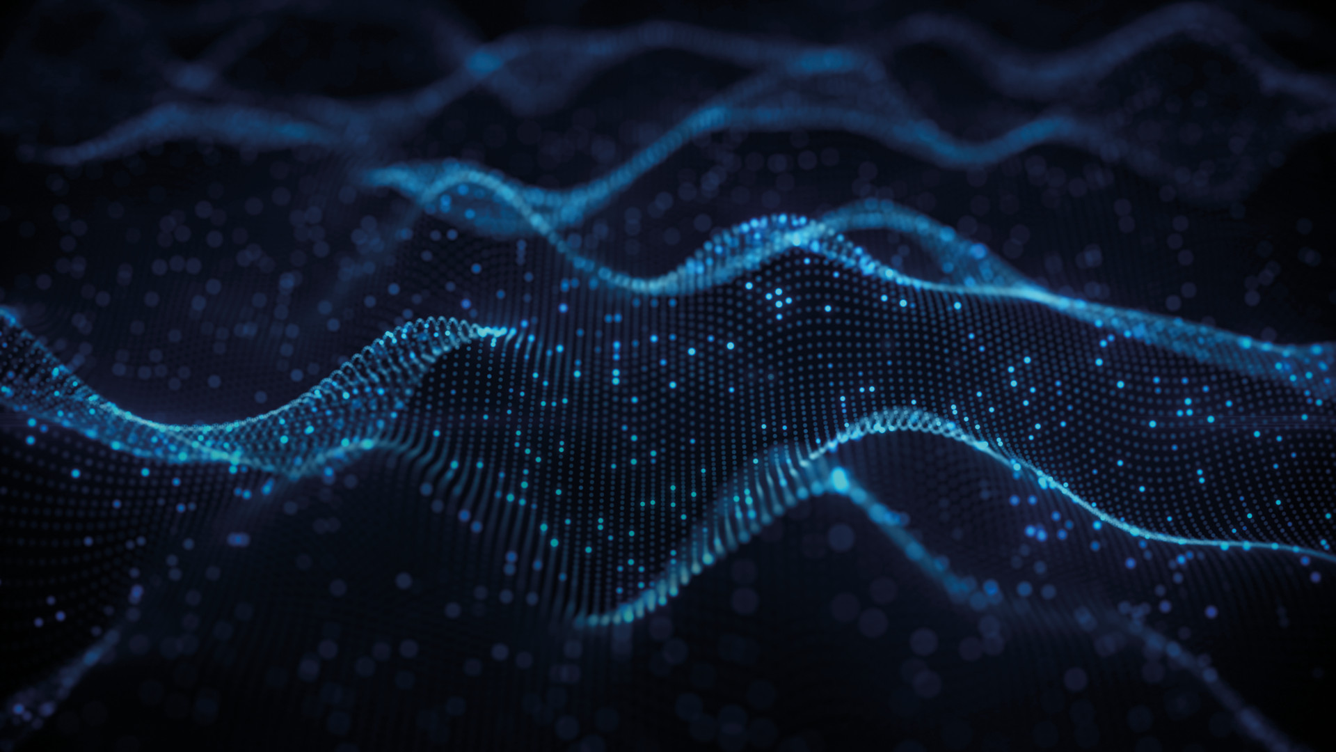 Abstrakte digitale Landschaft aus leuchtend blauen Datenpunkten, die wellenartige Strukturen auf einem dunklen Hintergrund bilden.