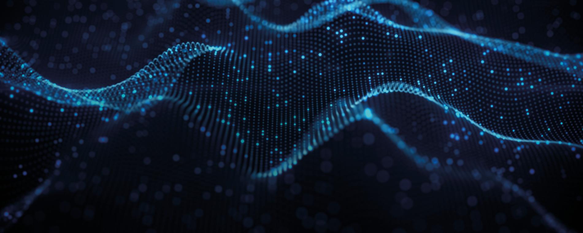 Abstrakte digitale Landschaft aus leuchtend blauen Datenpunkten, die wellenartige Strukturen auf einem dunklen Hintergrund bilden.