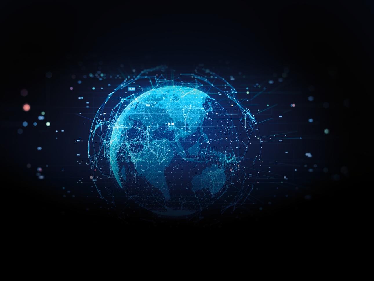Digital rendering of a glowing blue Earth surrounded by interconnected data nodes and network lines on a dark background.