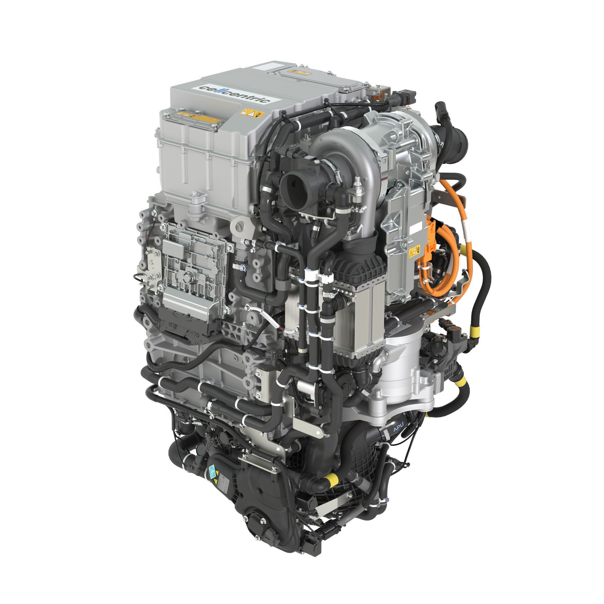 Die Brennstoffzelle von cellcentric auf weißem Hintergrund