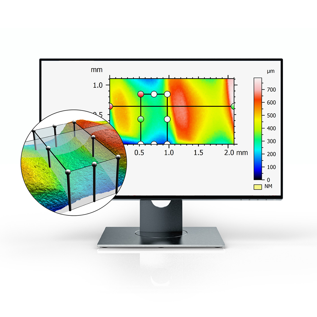 Topographie-Darstellung eines großen Ausschnitts einer Schraube mit farbkodierter Höhenkarte der Oberfläche.