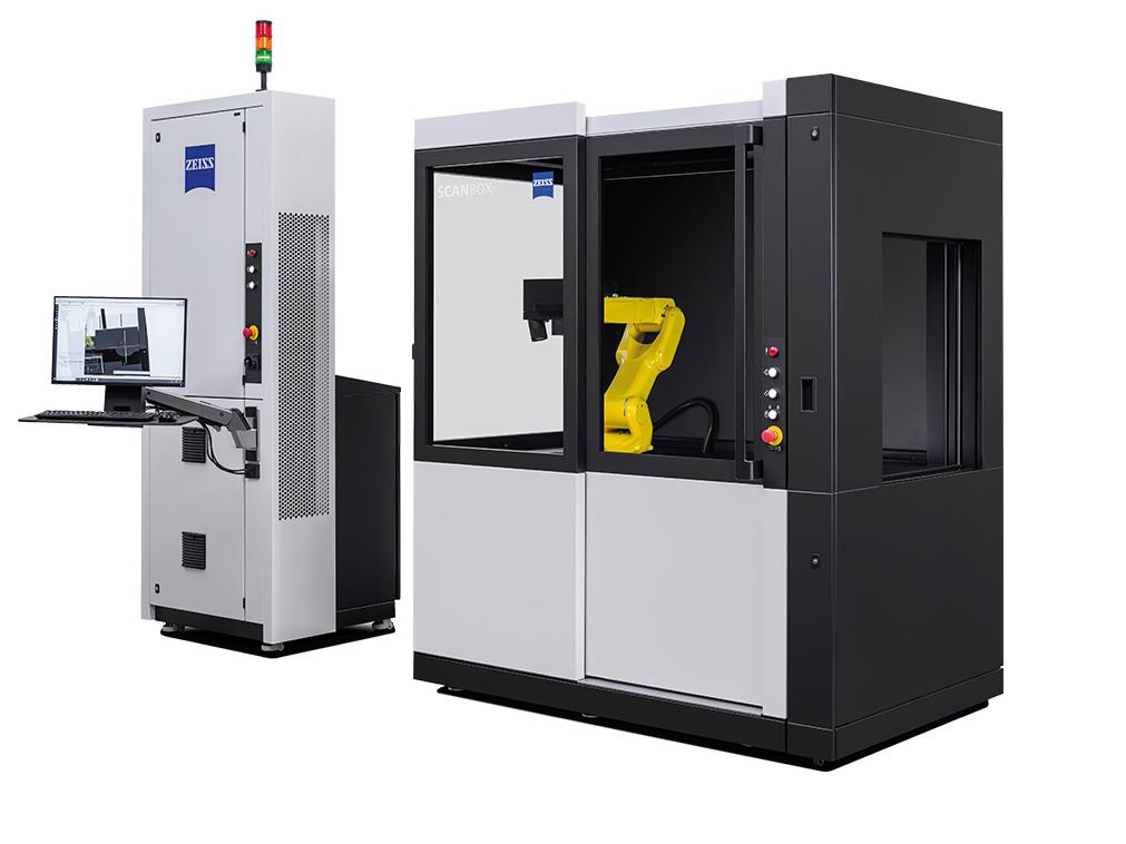 Optical 3D measuring machine ZEISS ScanBox 4105 RC with monitor and a connected automated enclosure. 