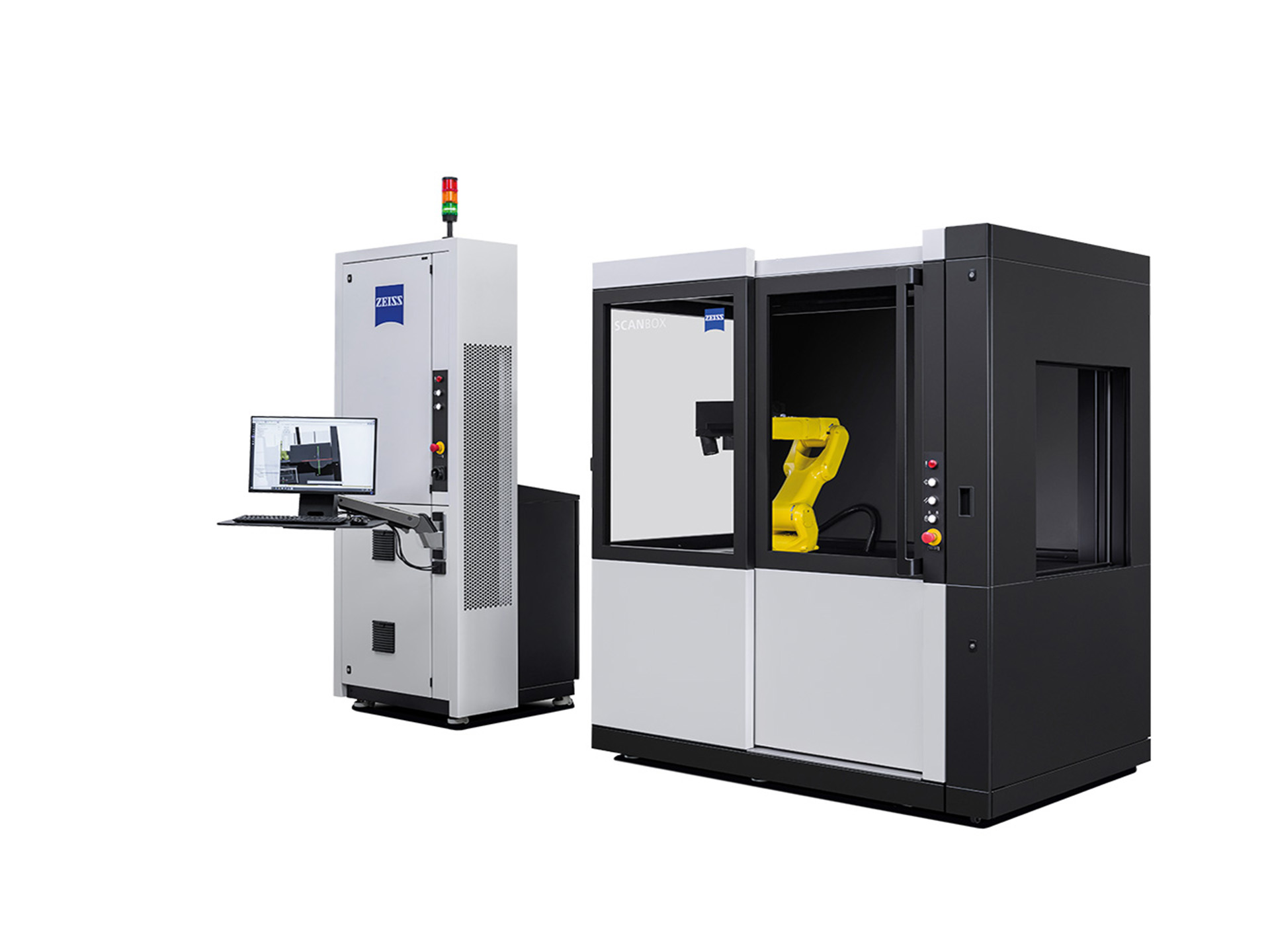 Optical 3D measuring machine ZEISS ScanBox 4105 RC with monitor and a connected automated enclosure. 