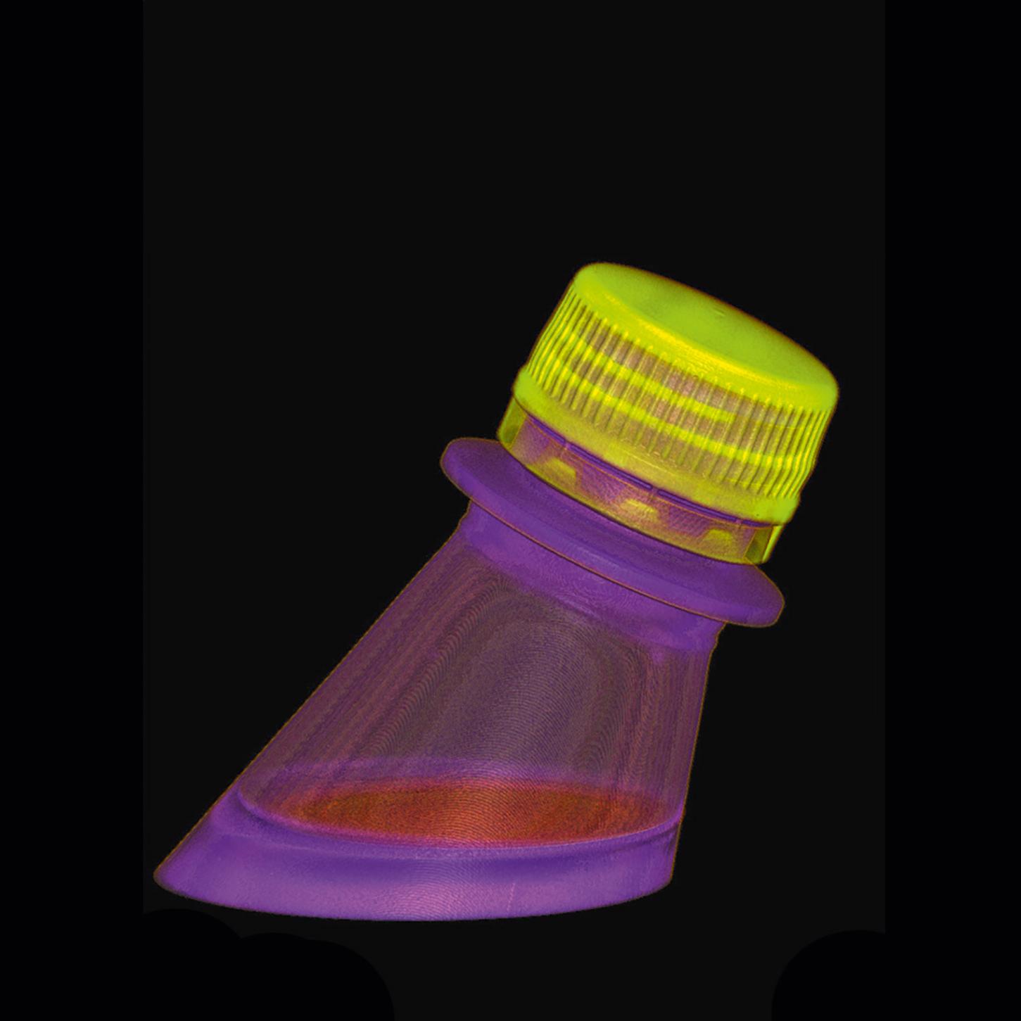 Unterschiedliche Materialdichten werden genutzt, um Flasche und Verschluss farblich differenziert darzustellen.
