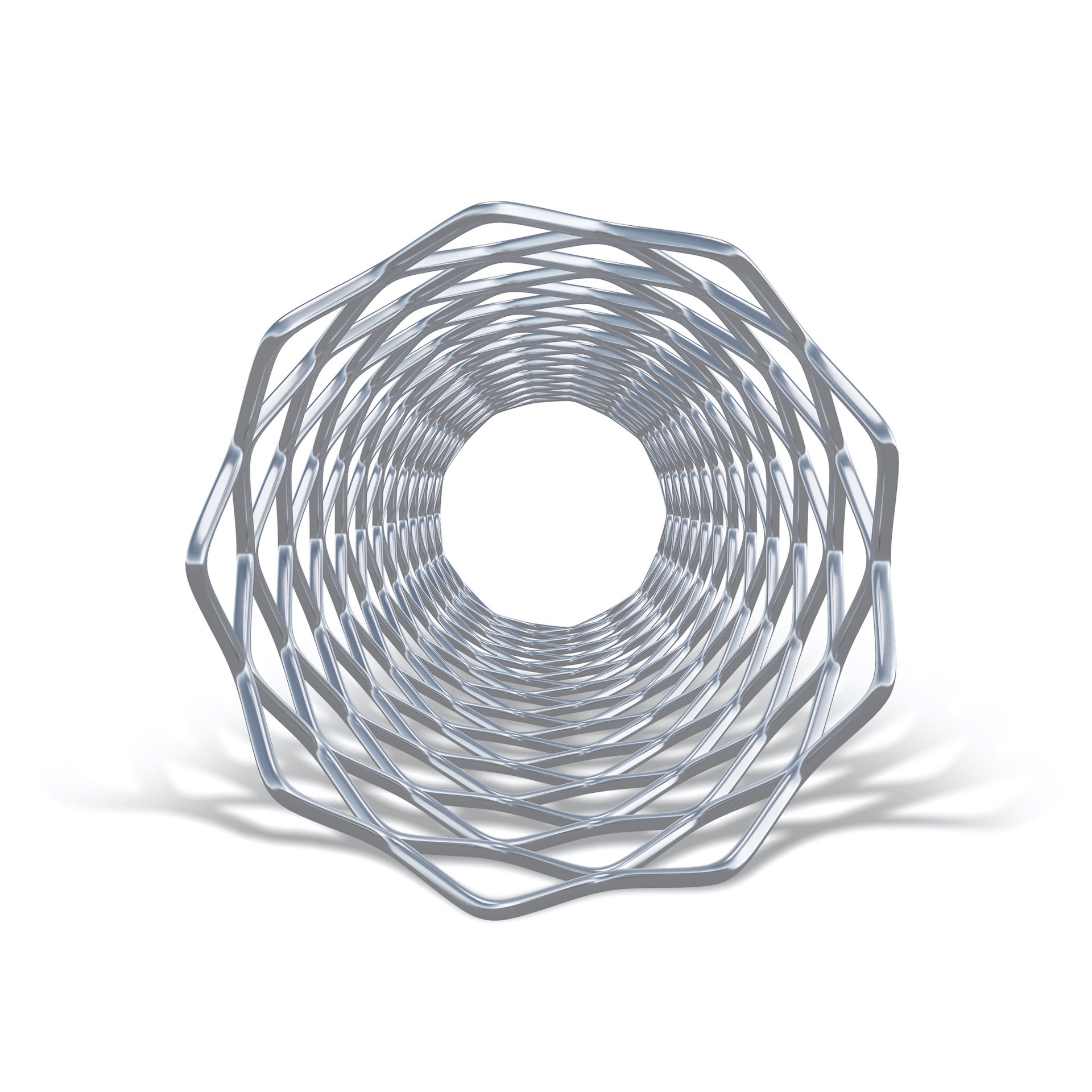 Metallische Stentstruktur in einer symmetrischen, tunnelförmigen Ansicht, die das komplizierte Design hervorhebt, wie es in den Medizintechnikprodukten von ZEISS verwendet wird.