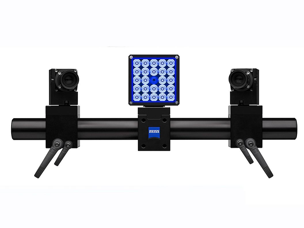 High-precision ZEISS 3D scanning system ARAMIS 1 featuring dual cameras and an array of blue LED lights.