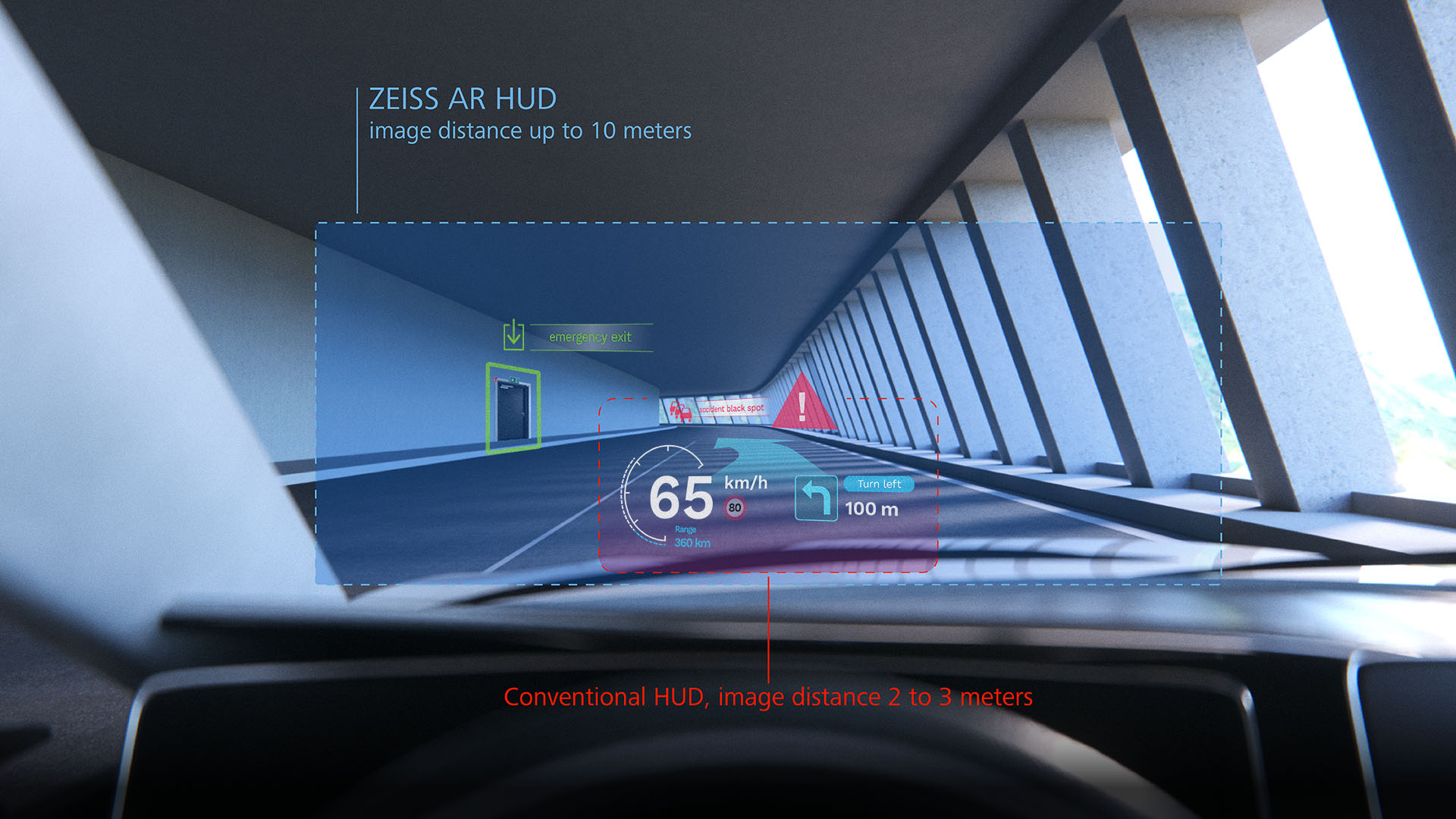 Ultrakompakte, holografische Augmented-Reality-HUDs projizieren mit der ZEISS Technologie ein komplettes Sichtfeld (Field of View) als virtuelles Bild in die Windschutzscheibe.