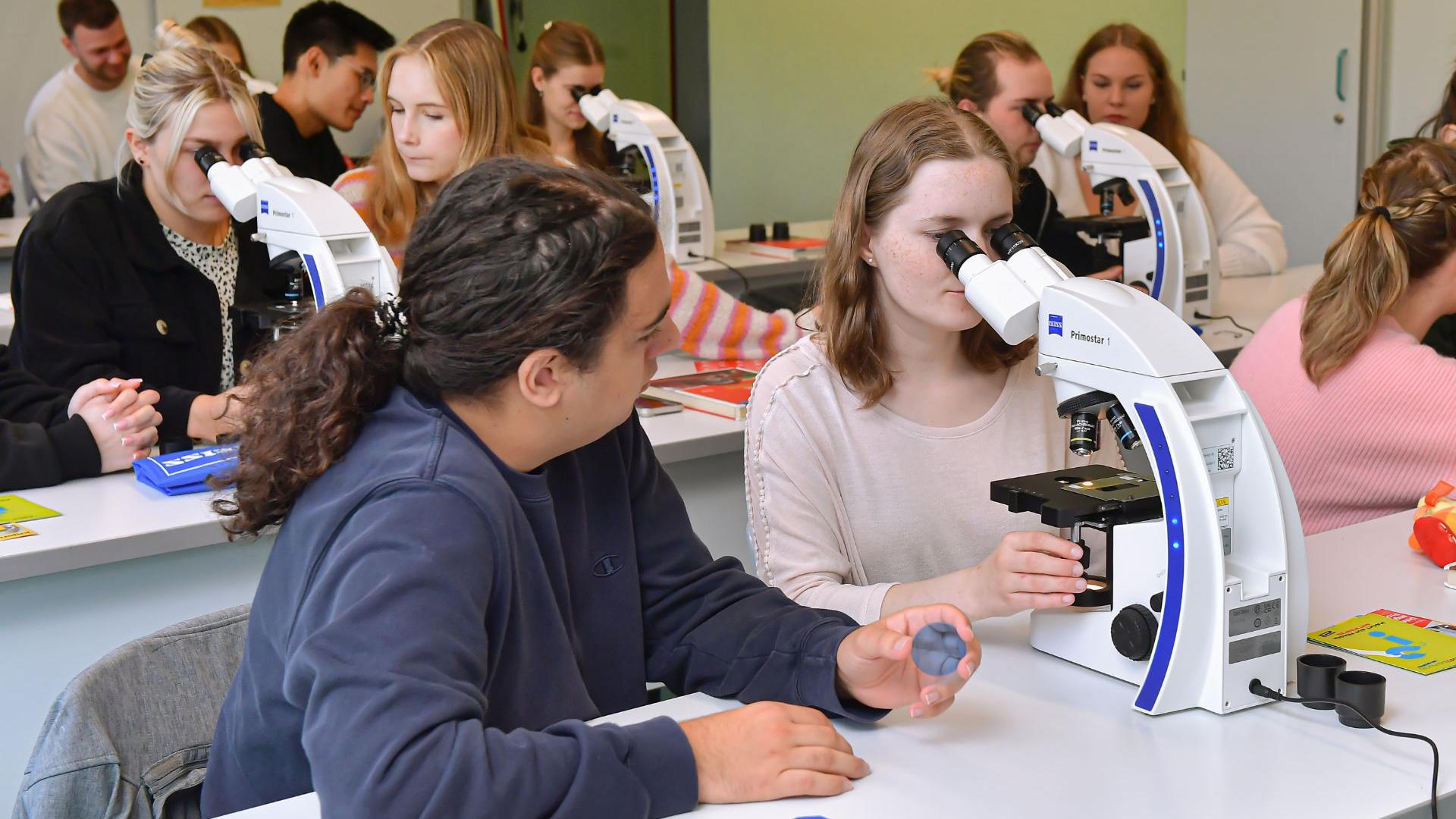 Schülerinnen und Schüler der SBBS an ZEISS Mikroskopen.