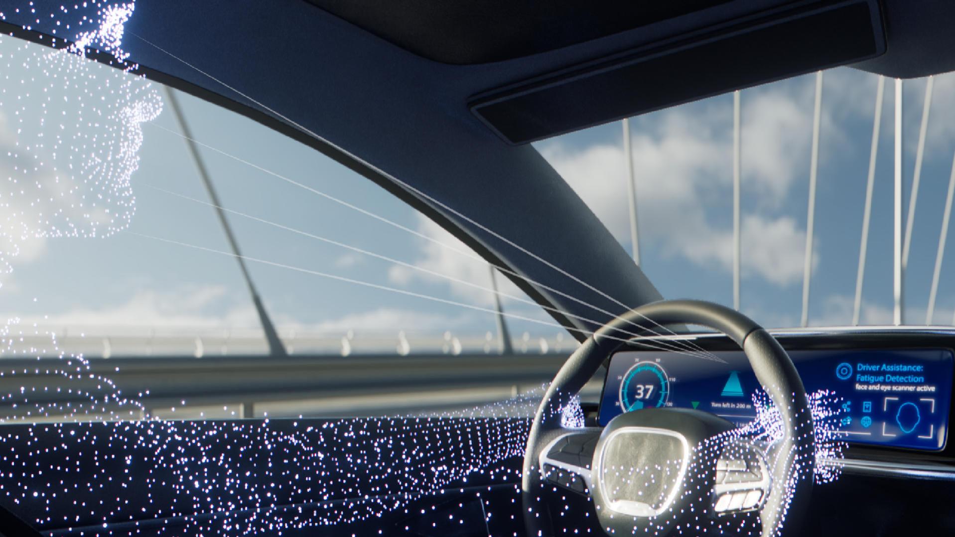 Das Rendering zeigt einen Innenraum eines Autos mit der schematischen Darstellung einer Person, die das Lenkrad bedient