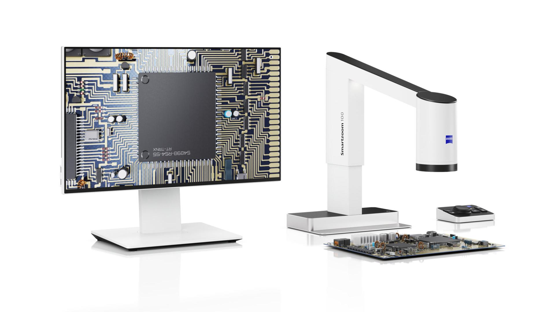 Produktdarstellung des ZEISS Smartzoom 100 Mikroskops mit Monitor