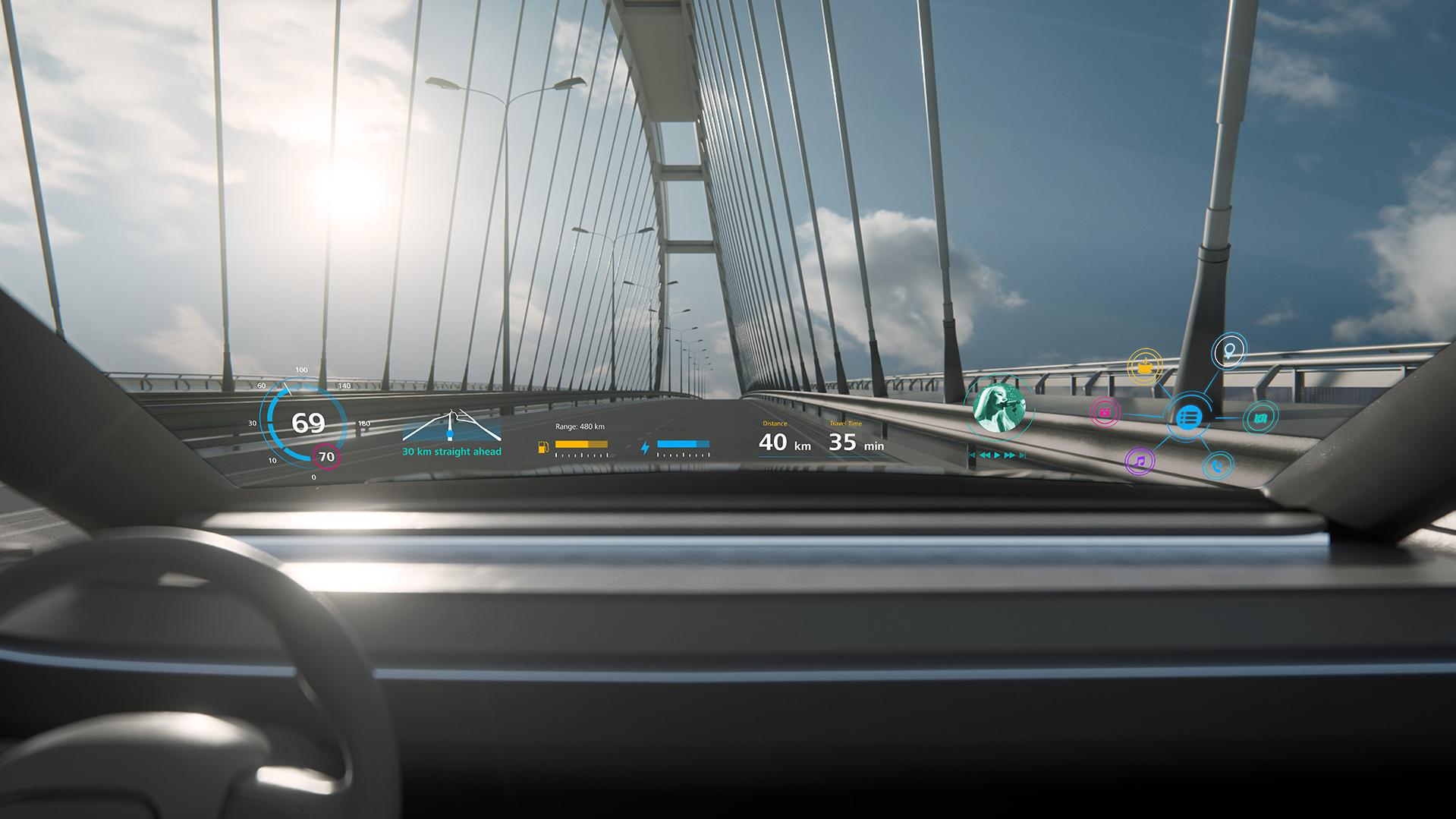 Neue Darstellungsformen auf der Windschutzscheibe ermöglichen uneingeschränkte Sicht auf die Straße, während der Fahrer alle relevanten Fahrinformationen erhält und der Beifahrer das Infotainmentangebot nutzen kann.