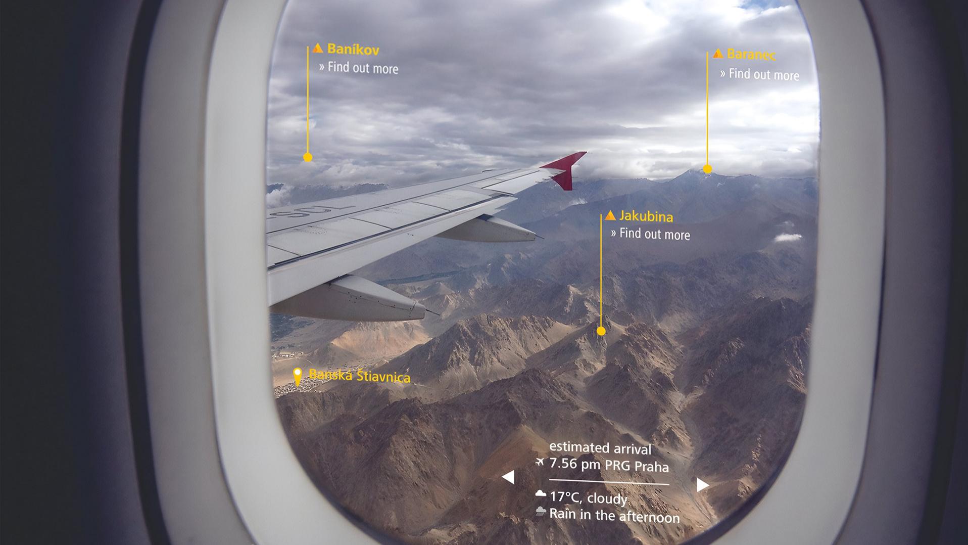 Die ZEISS holografische Display-Technologie, integriert in Flugzeugfenster, projiziert dynamische Inhalte direkt in das Sichtfeld der Passagiere und verbessert so ihr Erlebnis mit Echtzeitinformationen, ohne den klaren Blick nach draußen zu beeinträchtigen.