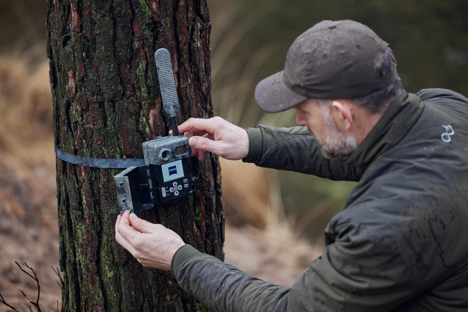 Ein Mann befestigt eine ZEISS-Wildkamera mit einem Gurt an einem Baum in einem bewaldeten Gebiet im Freien.