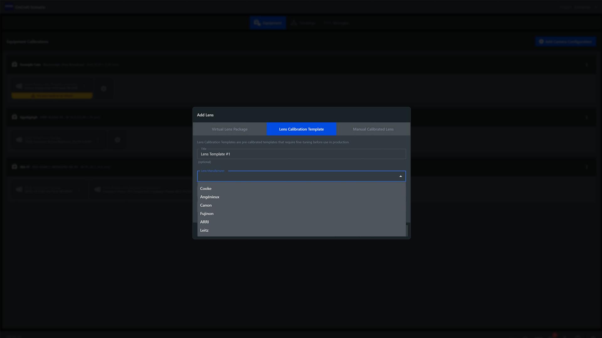 Ein Dropdown-Menü zeigt eine Liste von Beispiel-IDs einschließlich „Zeiss“ in einem zentralen Popup-Fenster mit der Bezeichnung „Add Lens“ (Objektiv hinzufügen) auf einer ZEISS-Softwareoberfläche an.