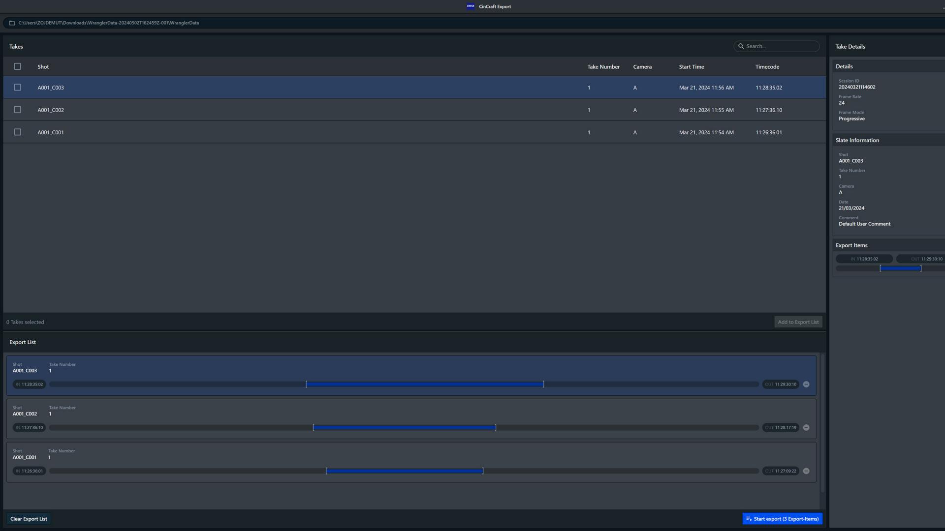 Screenshot einer ZEISS-Softwareoberfläche, die eine Projektübersicht mit Dateilisten, Statusdetails und Exportoptionen in einem dunklen Layout anzeigt.