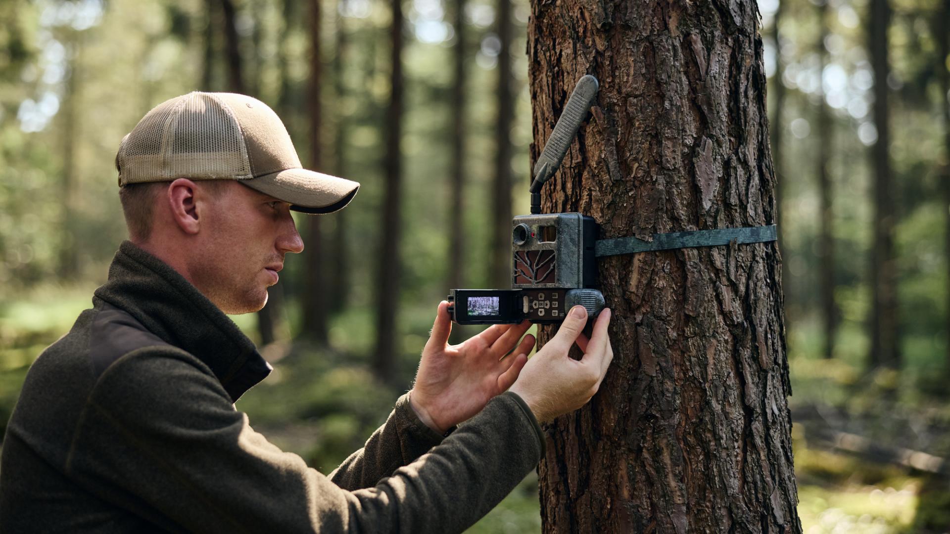 Ein Mann justiert eine ZEISS-Wildkamera, die an einem Baum in einem sonnendurchfluteten Wald angebracht ist.