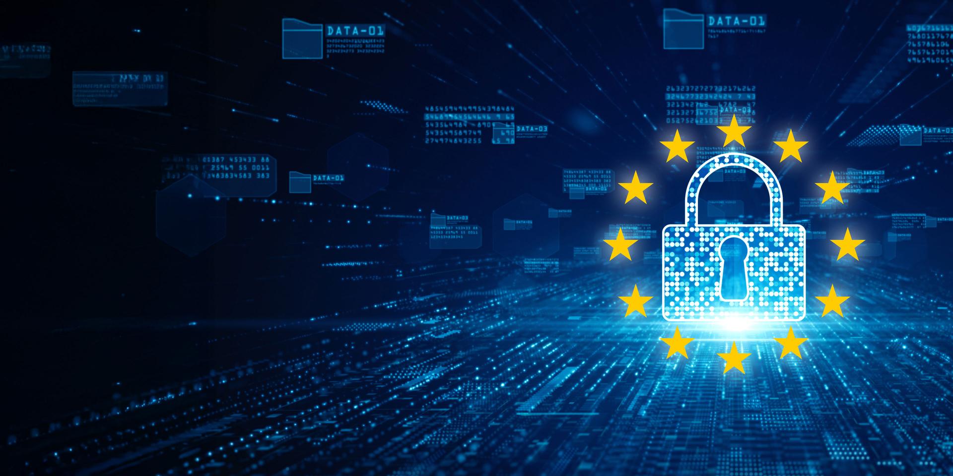 Digital lock surrounded by EU stars representing data protection, overlaid on a futuristic data network background — symbolizing ZEISS's commitment to secure and compliant data handling.