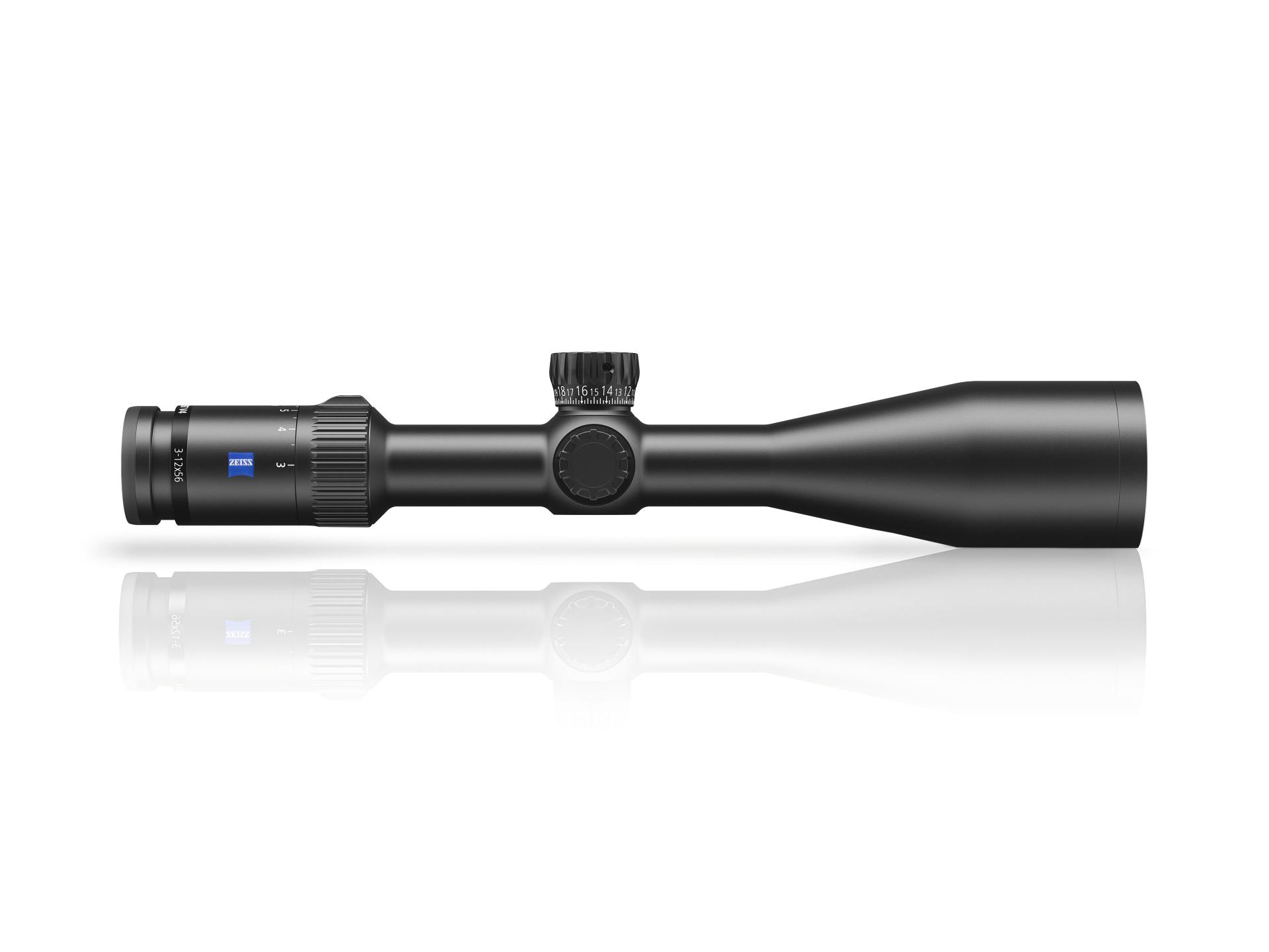 Side profile of the ZEISS Conquest V4 3-12x56 riflescope with large objective lens for excellent light transmission.