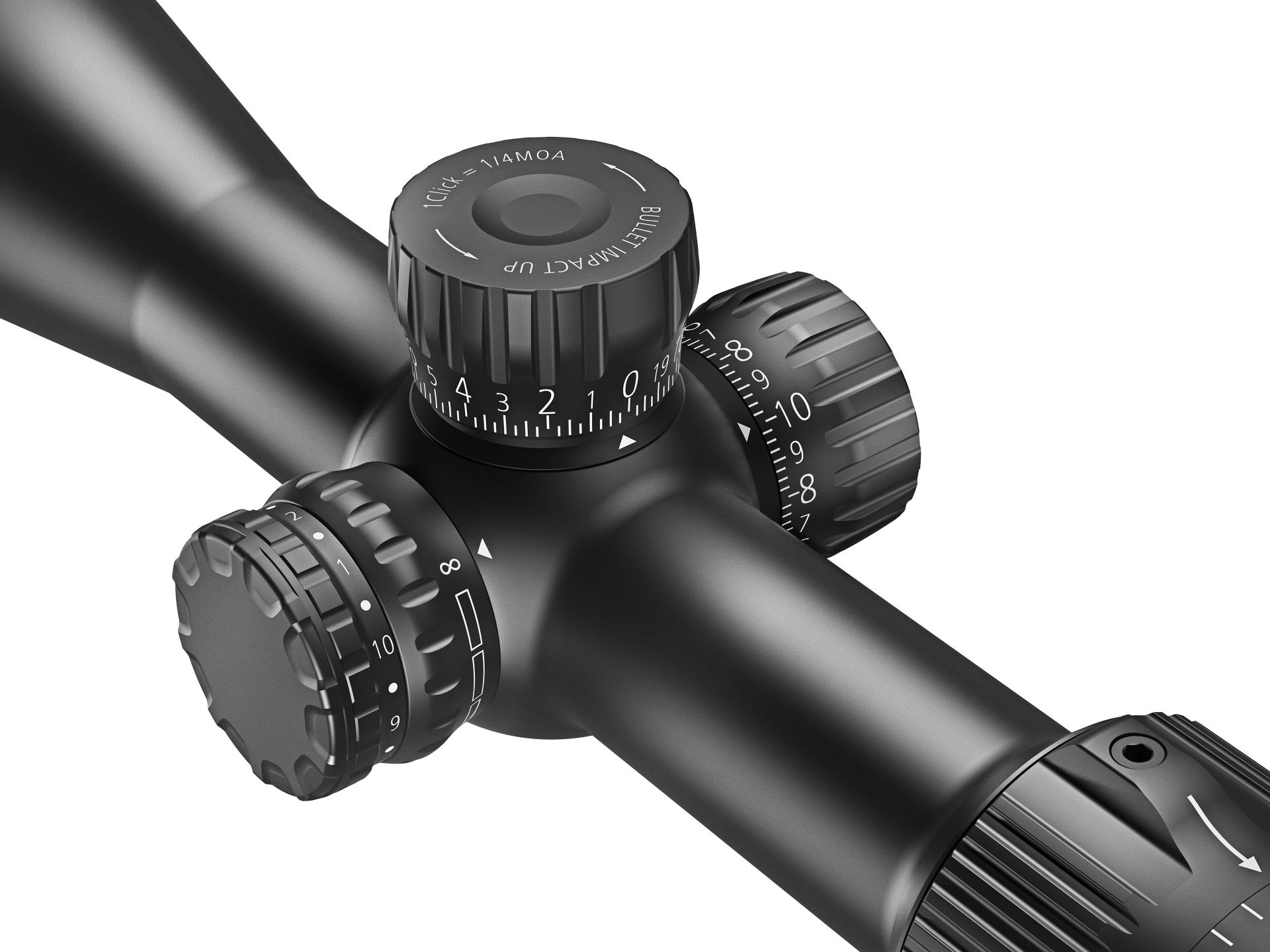 Close-up of ZEISS Conquest V4 riflescope adjustment turrets with precise elevation and windage controls