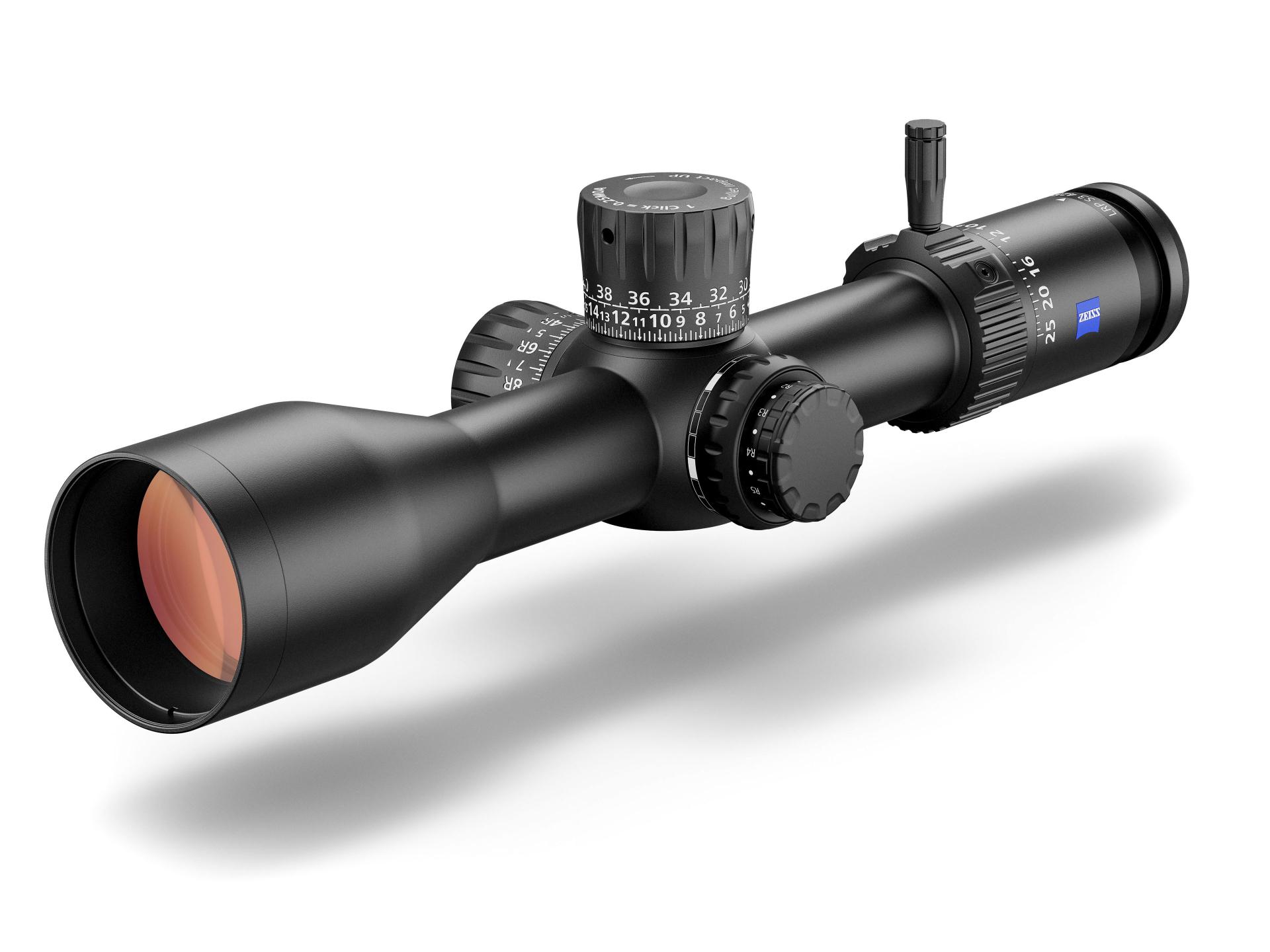 Side view of ZEISS LRP S3 riflescope showing elevation turret, windage adjustment, and magnification ring for precise control