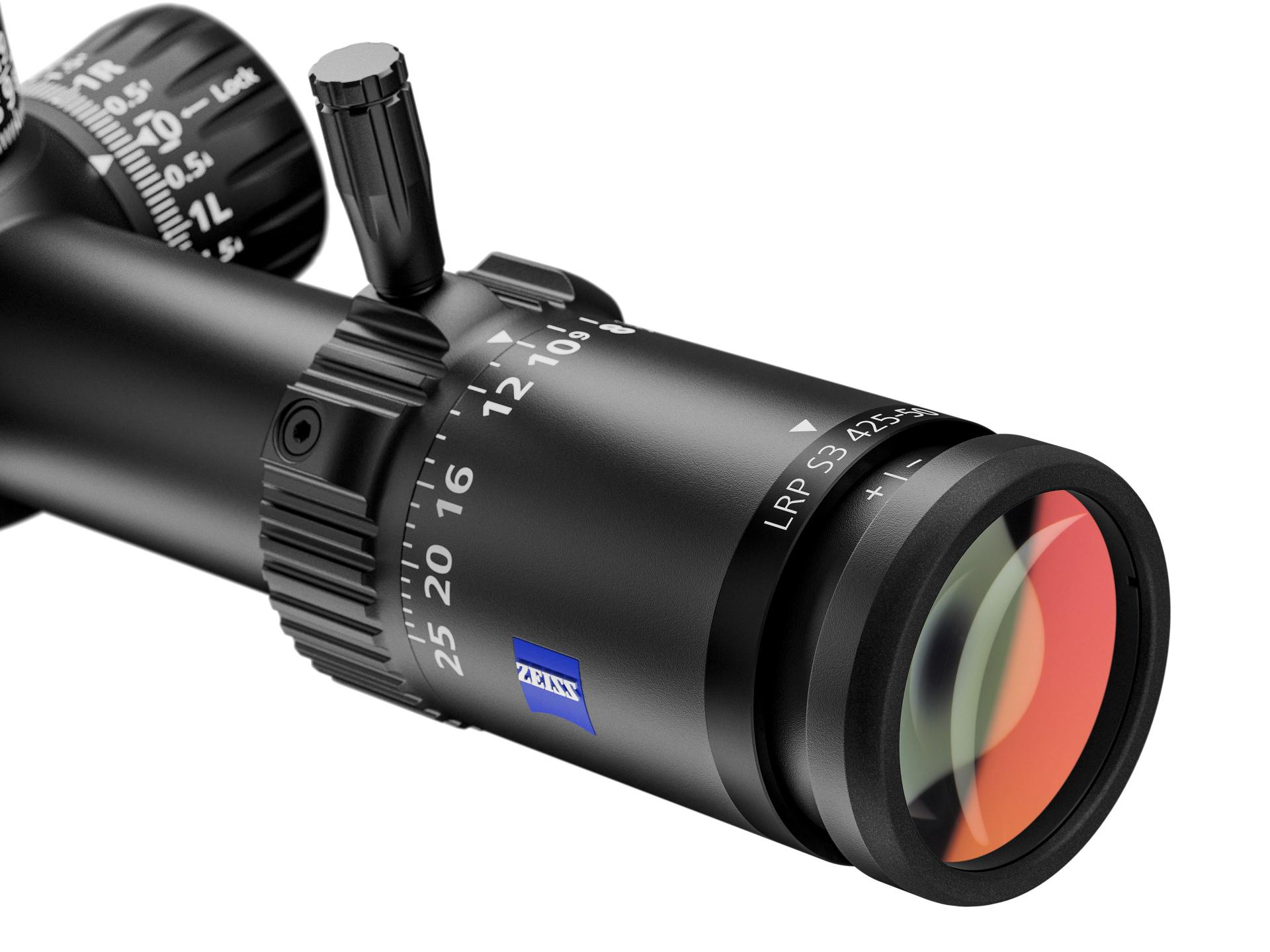 Close-up of ZEISS LRP S3 riflescope eyepiece with clearly marked magnification adjustment ring and ergonomic design