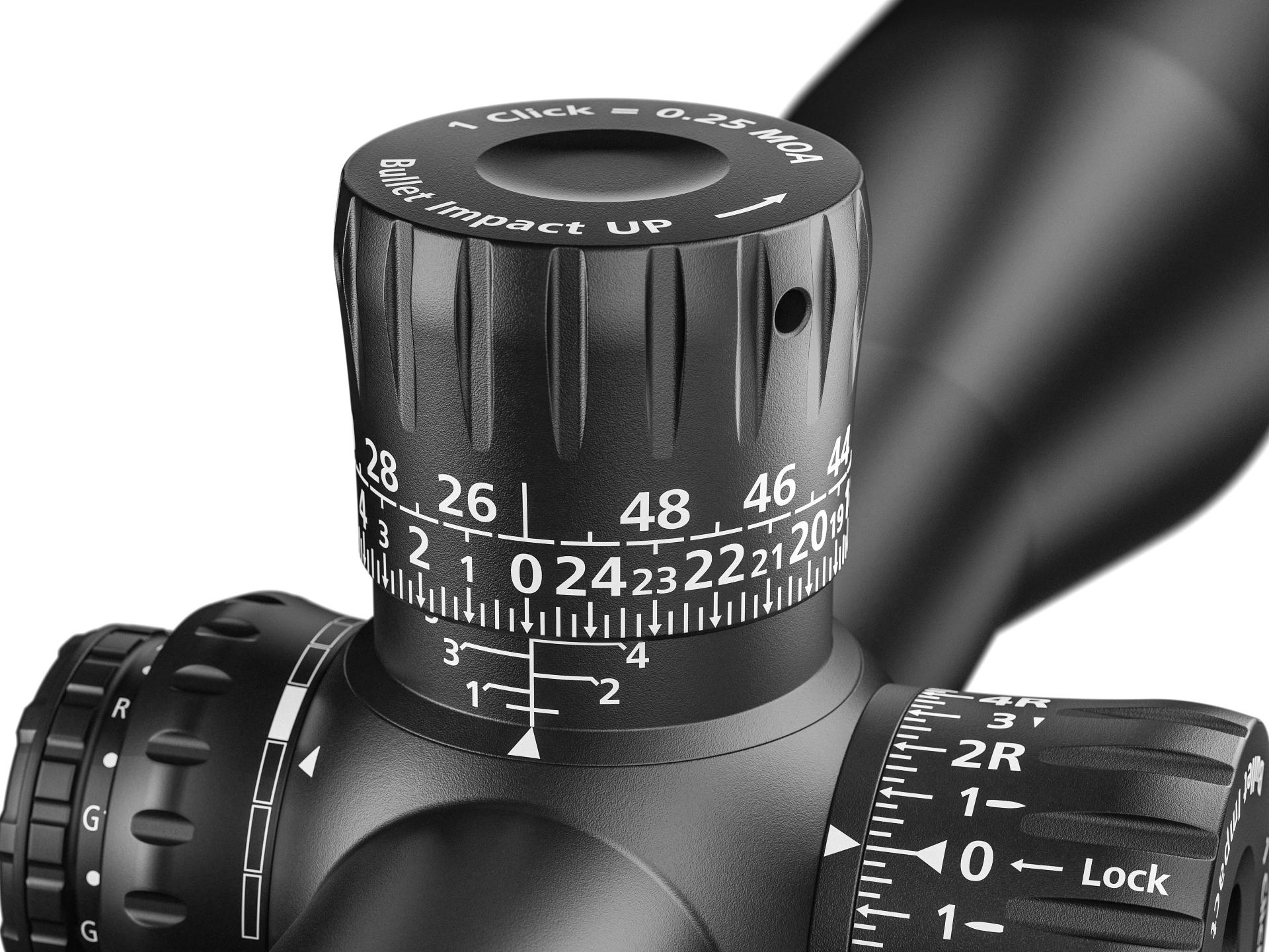 Detailed view of ZEISS LRP S3 riflescope elevation turret with precise click values for accurate long-range adjustments