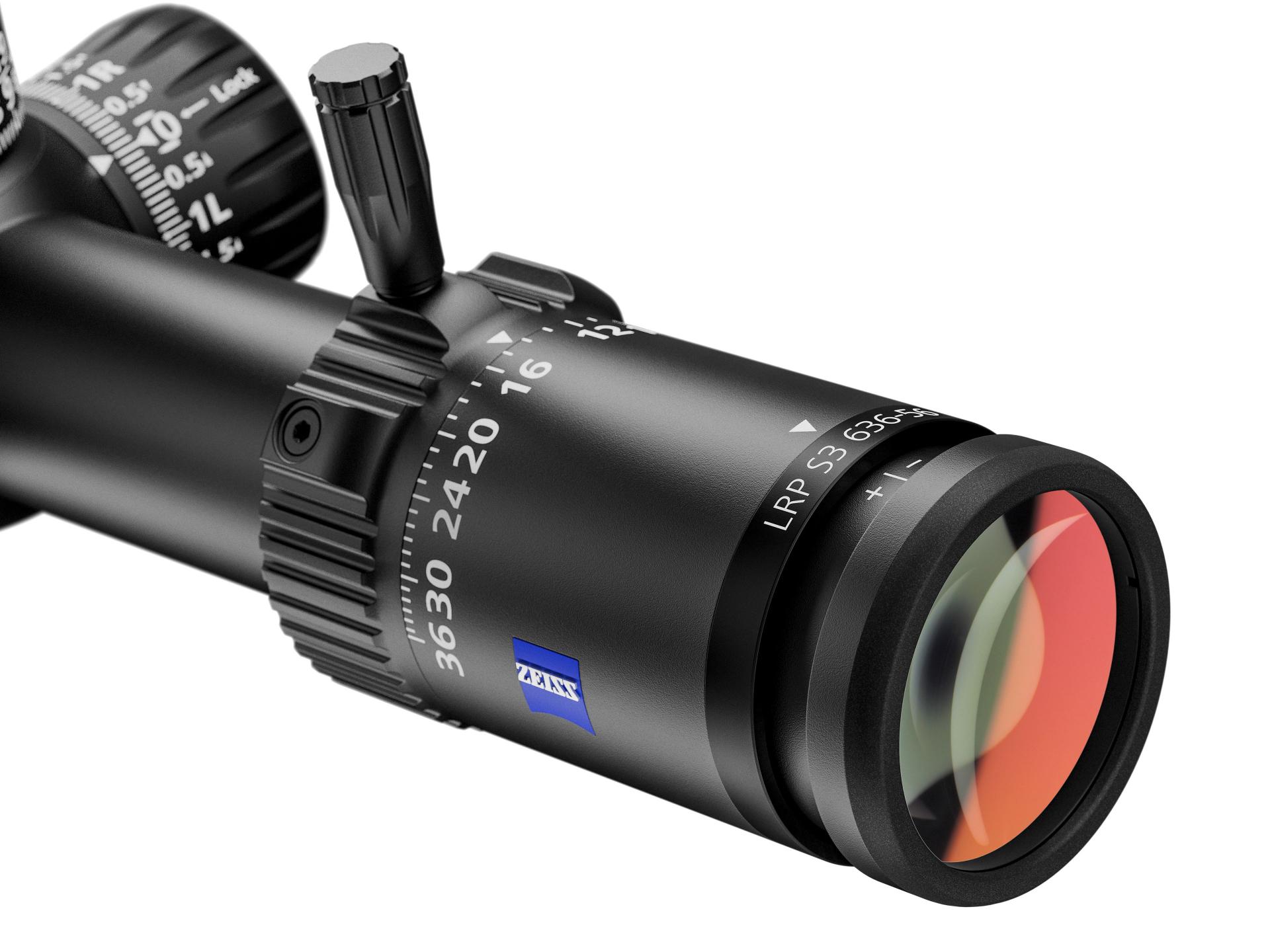 Close-up of ZEISS LRP S3 riflescope zoom adjustment ring with numerical markings for easy magnification control