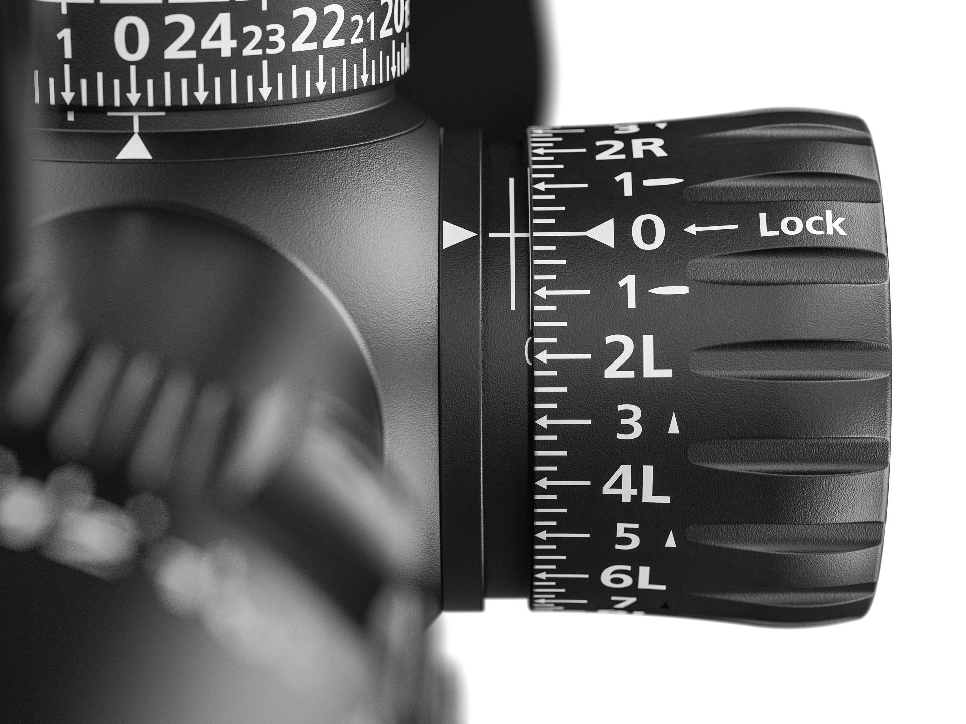 Close-up of ZEISS LRP S3 riflescope windage turret featuring lock mechanism and finely engraved markings for precision adjustments