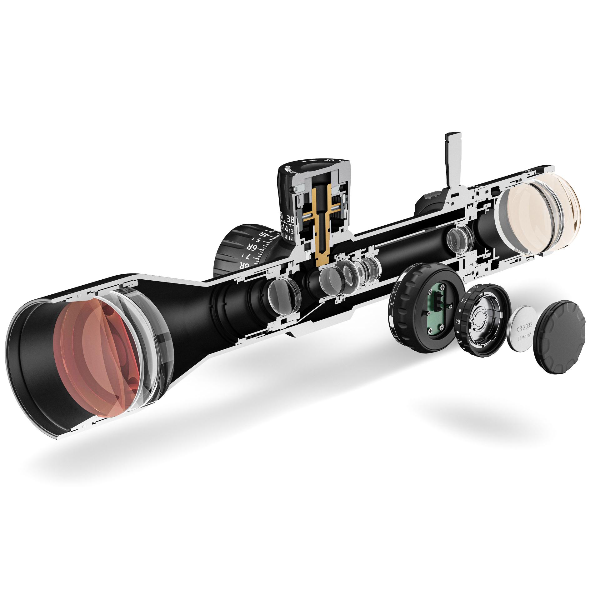 ZEISS LRP S3 riflescope cutaway view showing internal optical components, elevation turret, and lens system, highlighting its precision engineering for hunting and long-range shooting