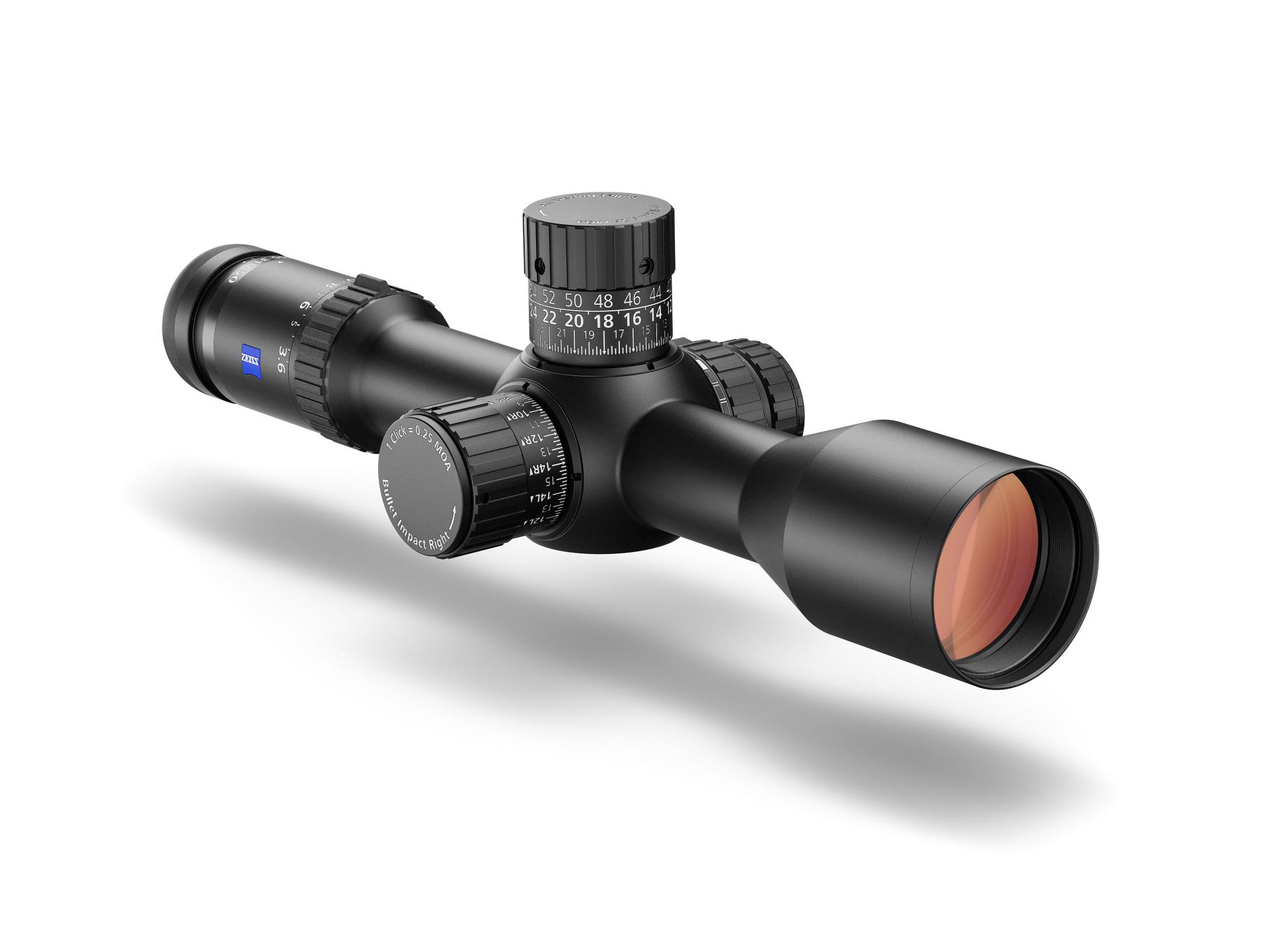 ZEISS LRP S5 riflescope angled view showing large elevation turret and precision adjustment dials