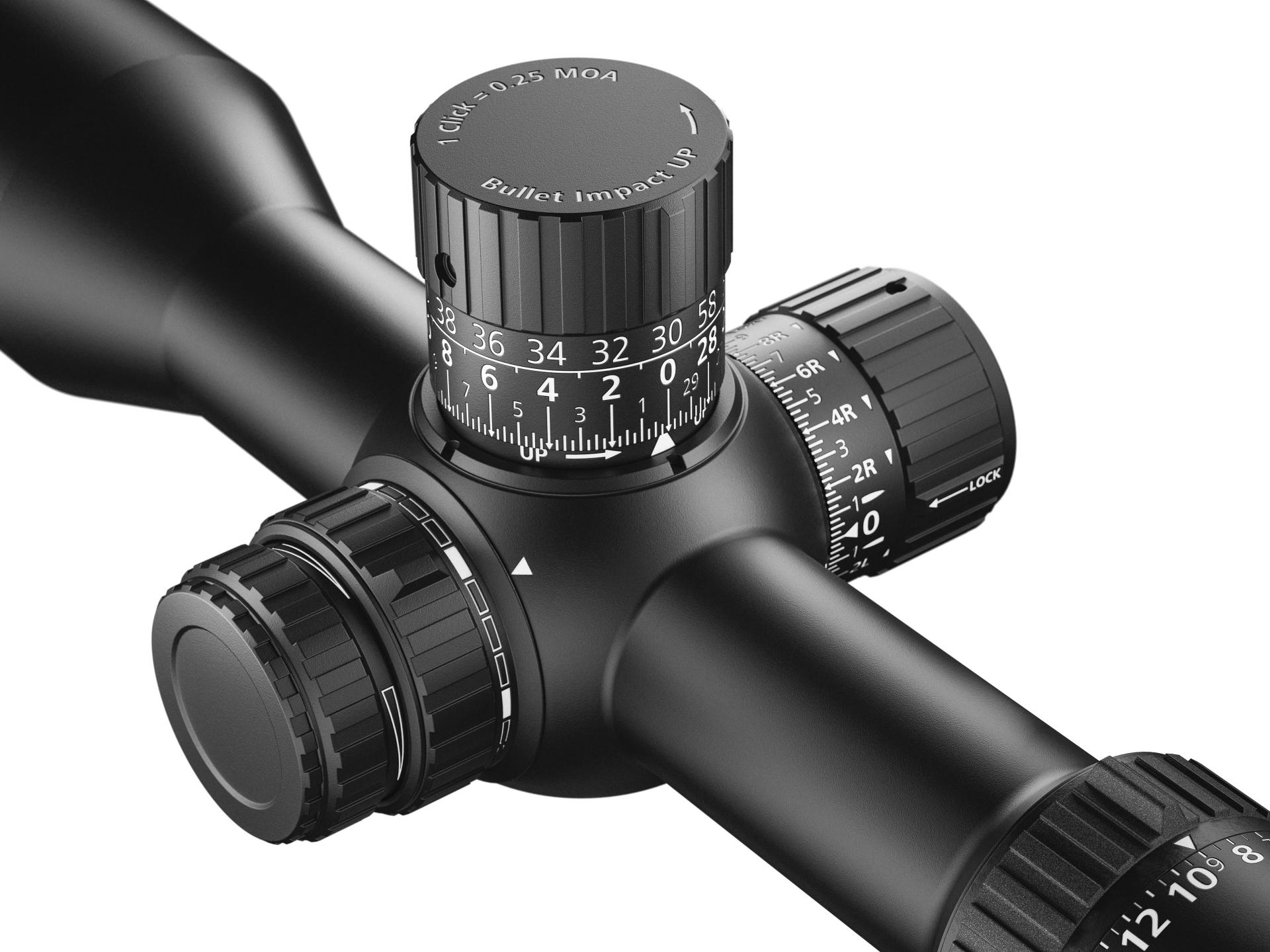 Close-up of ZEISS LRP S5 riflescope elevation turret with precise MOA markings and adjustment dials.
