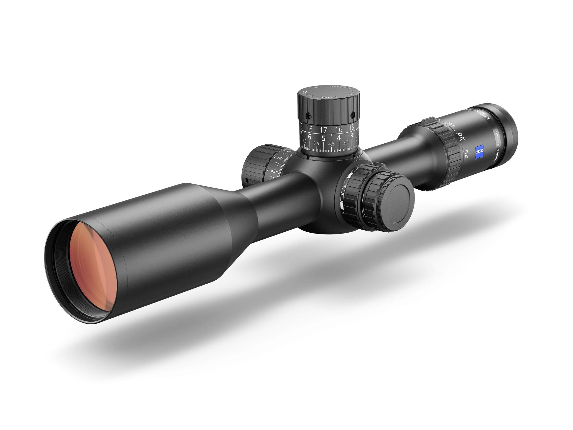 Side view of ZEISS LRP S5 riflescope showing objective lens and marked adjustment turrets