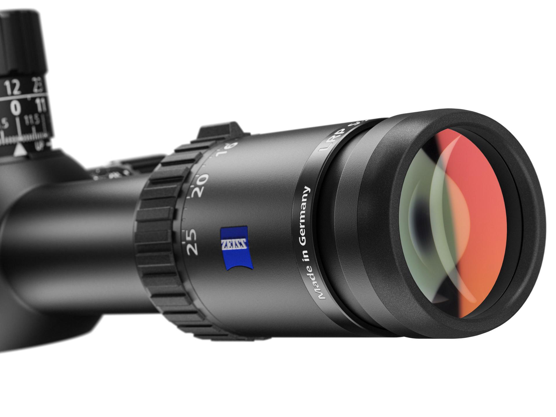 Rear close-up of ZEISS LRP S5 riflescope eyepiece with ZEISS logo, magnification ring, and coated lens