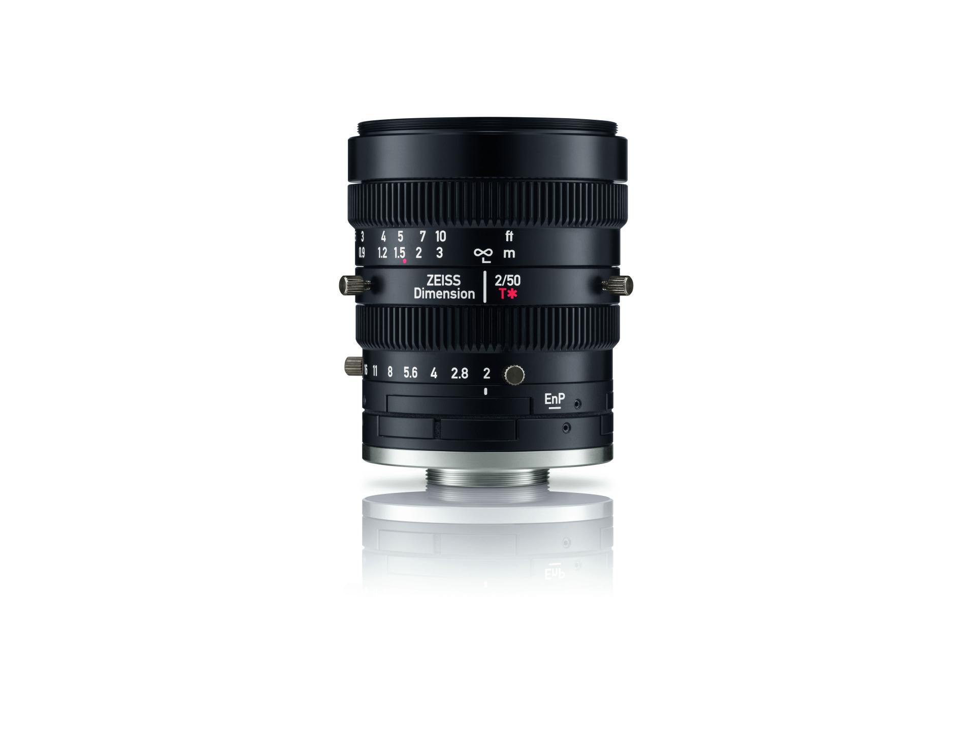 Professional cine lens ZEISS Dimension 2/50 with detailed focus and aperture markings, mounted vertically on a white background.