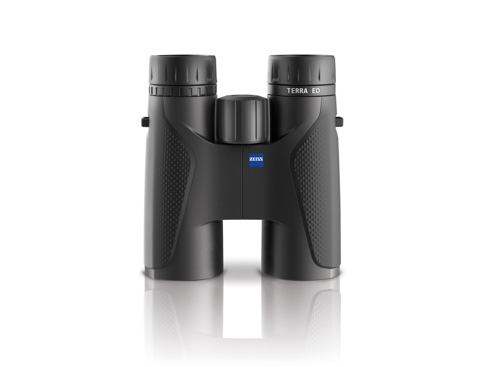Black ZEISS TERRA ED binoculars with textured grips, central focus wheel, and ZEISS logo on the front, shown against a white background.