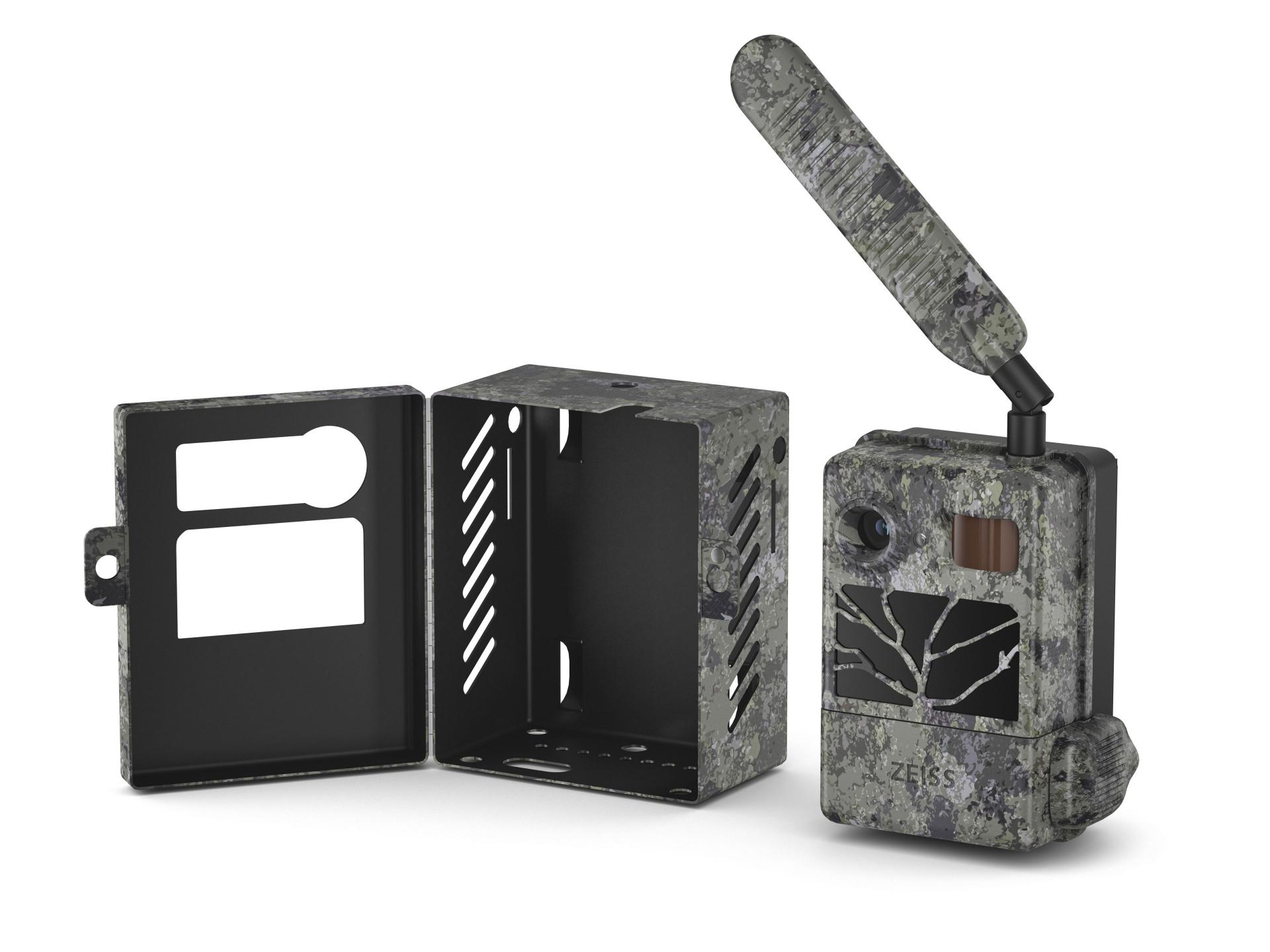 Camouflaged ZEISS trail camera with an extended antenna shown alongside its open protective case.