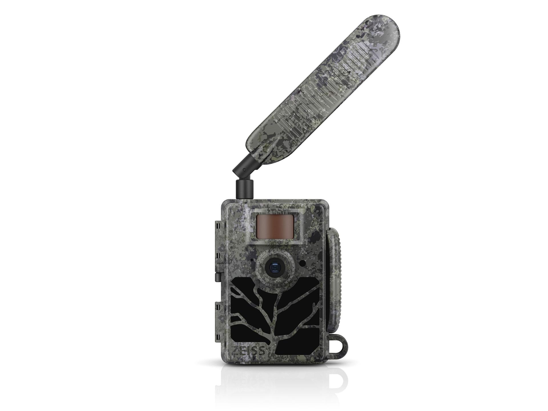 Camouflaged ZEISS trail camera with a front-facing lens, visible antenna, and infrared sensor.