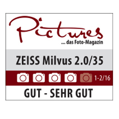 Review graphic from Pictures Foto-Magazin showing the ZEISS Milvus 2.0/35 lens rated between "Gut" and "Sehr Gut" with four camera icons, three highlighted.
