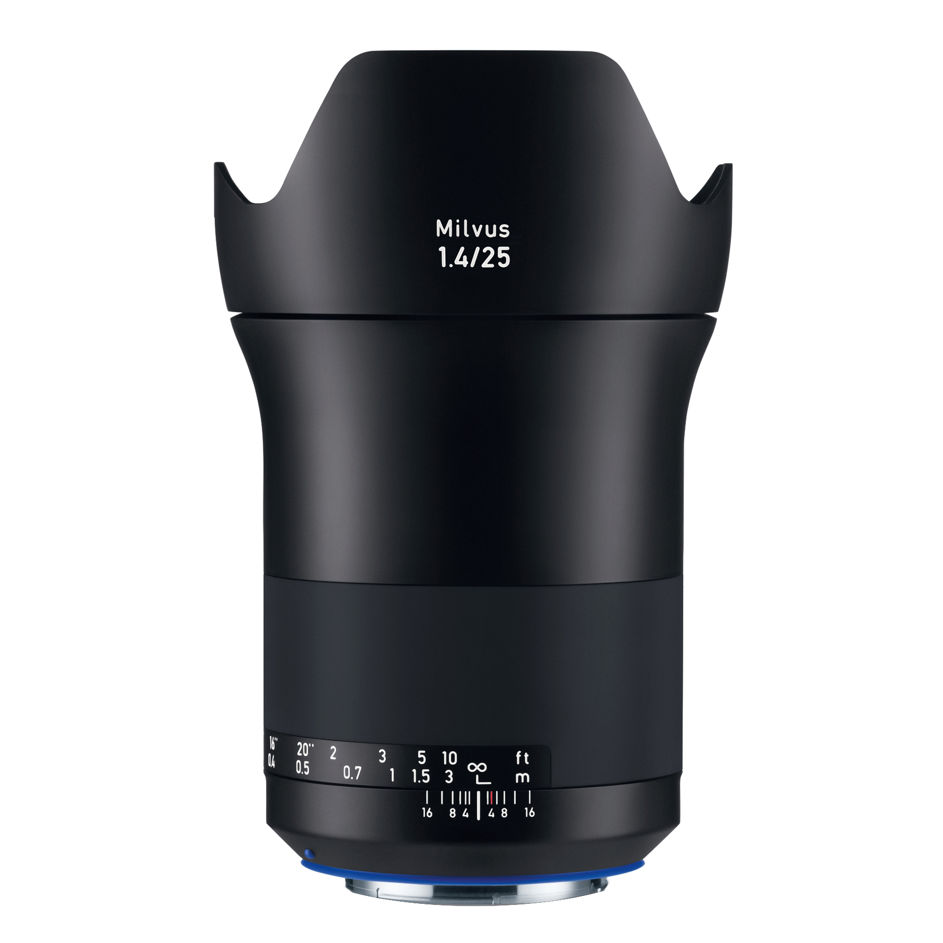 Black ZEISS Milvus 1.4/25 camera lens with focus and distance scale markings, shown in an upright position against a white background.