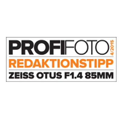 Award badge from PROFIFOTO magazine featuring "Redaktionstipp" and the ZEISS OTUS F1.4 85MM lens.