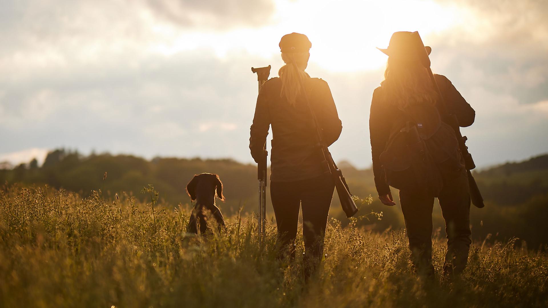 Zwei Jäger mit Gewehren und einem Jagdhund laufen mit ZEISS-Ausrüstung durch ein sonnenbeschienenes Feld in Richtung Horizont.