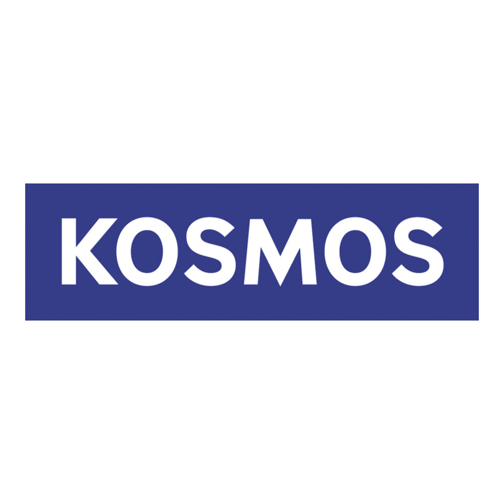 Das Logo von "KOSMOS" des Kosmosverlags in weißen Großbuchstaben auf blauem Hintergrund