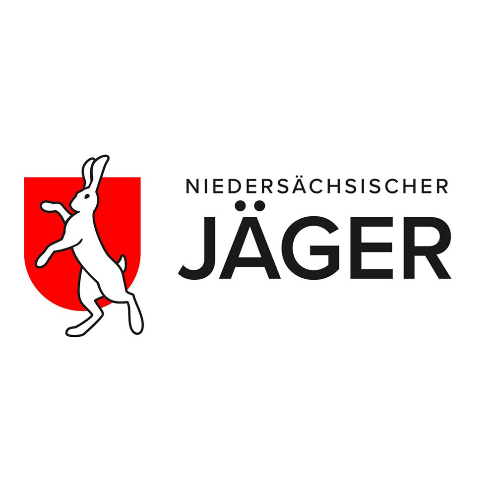 Das Logo des "Niedersächsischen Jäger" mit einer stilisierten Hasen-Silhouette in rotem Schild und dem Schriftzug "Niedersächsischer JÄGER"
