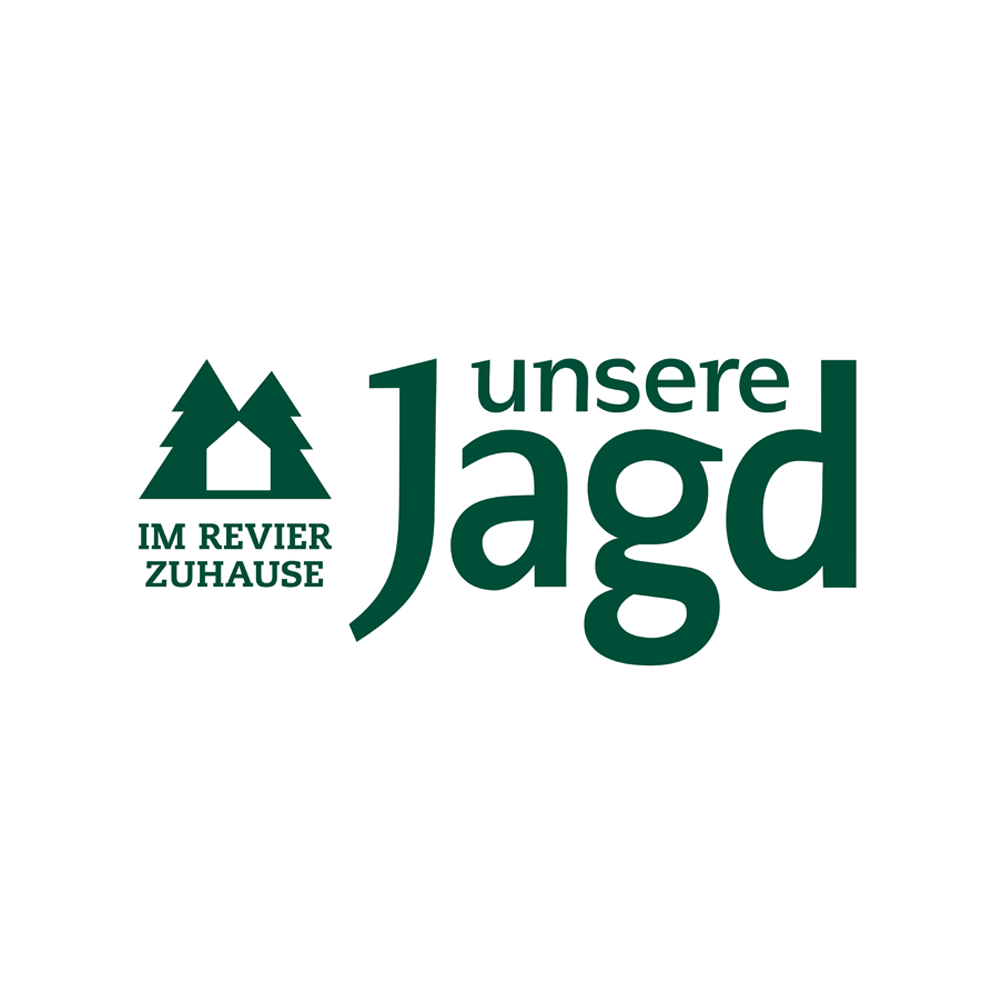 Das Logo "unsere Jagd im Revier Zuhause" mit einem stilisierten Symbol aus Baum und Haus.